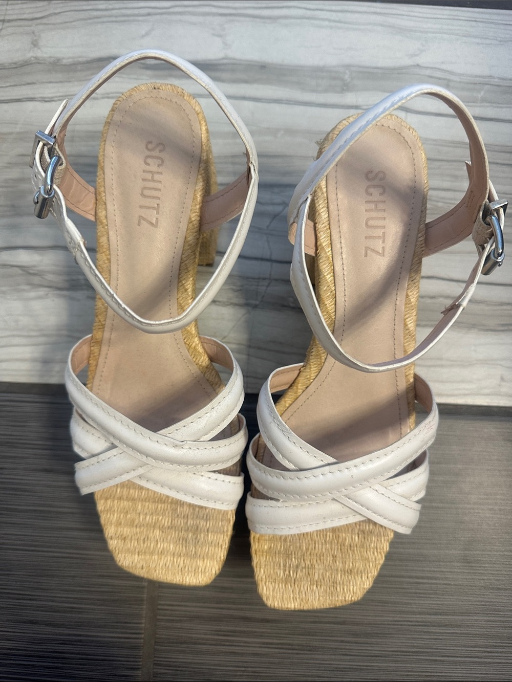 SCHUTZ White Leather Espadrille Wedge Sandals